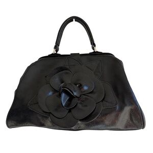 Jessica Simpson Rose Applique Black Faux Leather Medium Satchel/Top Handle